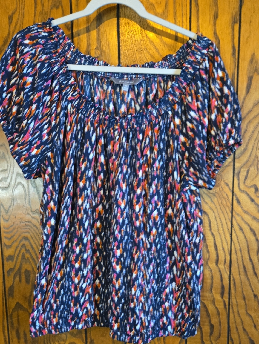 Daisy Fuentes Navy Multicolor Smocked-Neck Peasant Top